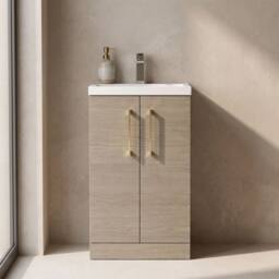 Balterley Bathroom Vanity Basin Unit, Brushed Brass Handles, 500mm, Mid Oak in Brown - thumbnail 4