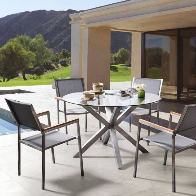 Wyld and Coco 120cm Round Outdoor Dining Table Clear Tempered Glass Top Silver - image 1