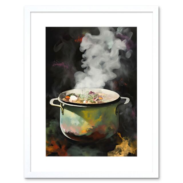 "Artery8 Wall Art Print Steam Rising from a Simmering Vegetable Soup Pot Artwork Framed 9X7 Inch in White - Size: W7"" x H9""" - image 1