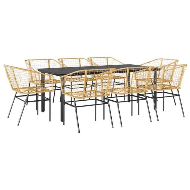 Berkfield Home 9 Piece Garden Dining Set Brown Poly Rattan Glass - image 1