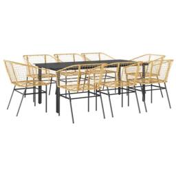 Berkfield Home 9 Piece Garden Dining Set Brown Poly Rattan Glass - thumbnail 1