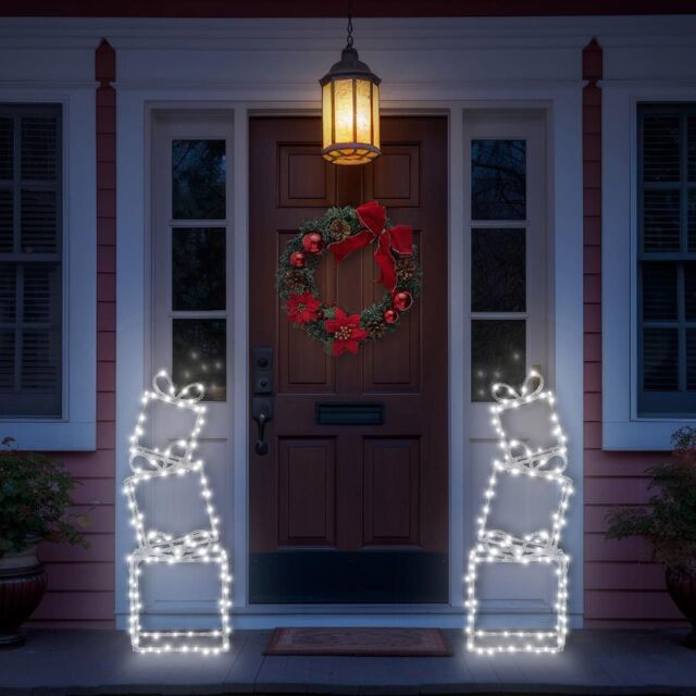 mysmartbuy Indoor Outdoor Pre-Lit Christmas Present Stack Light Decoration with 190 LEDs, 5m Lead, Ground Stakes & Timer - H73 x W26 x D11cm in White - image 1