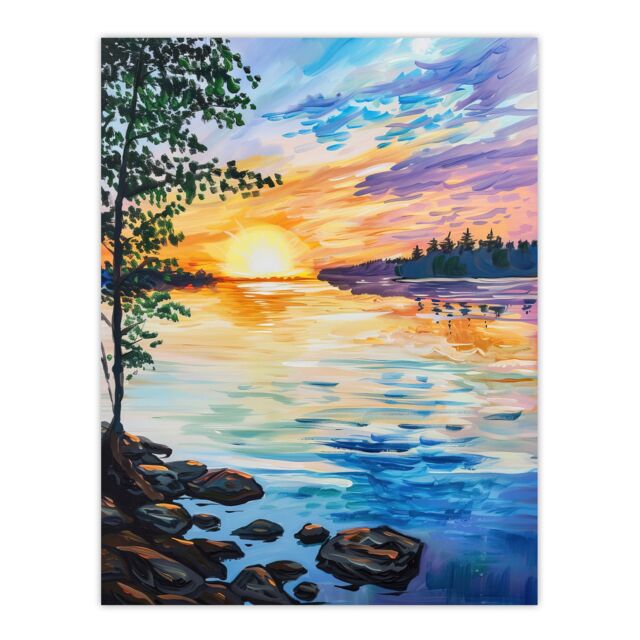 "Artery8 Sunset on Calm Lake Oil Painting Tranquil Peace Wall Art Print - Size: W12"" x H16""" - image 1