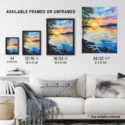 "Artery8 Sunset on Calm Lake Oil Painting Tranquil Peace Wall Art Print - Size: W12"" x H16""" - thumbnail 3