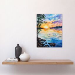 "Artery8 Sunset on Calm Lake Oil Painting Tranquil Peace Wall Art Print - Size: W12"" x H16""" - thumbnail 4