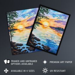 "Artery8 Sunset on Calm Lake Oil Painting Tranquil Peace Wall Art Print - Size: W12"" x H16""" - thumbnail 2