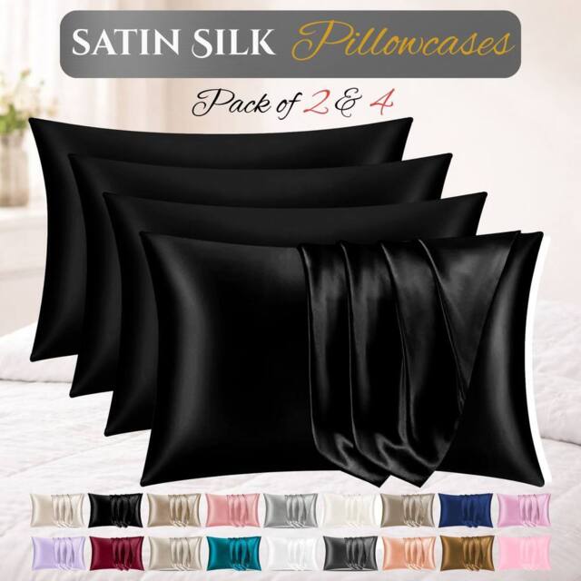 Grace Satin Silk Pillow Cases Pack of 4 Super Soft Smooth Pillow Covers in Black - Size: Standard Pillow Case - image 1