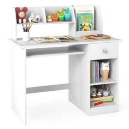 Costway Kids Study Desk Wooden Writing Table with Keyboard Tray & Drawer in White - thumbnail 3