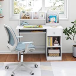 Costway Kids Study Desk Wooden Writing Table with Keyboard Tray & Drawer in White - thumbnail 4