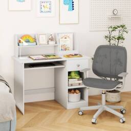 Costway Kids Study Desk Wooden Writing Table with Keyboard Tray & Drawer in White - thumbnail 5