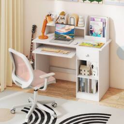 Costway Kids Study Desk Wooden Writing Table with Keyboard Tray & Drawer in White - thumbnail 1