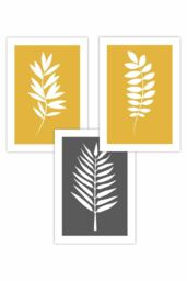 ARTZE Set of 3 Yellow Grey Graphical Leaves Art Posters - Size: W42 cm x H59 cm - thumbnail 1