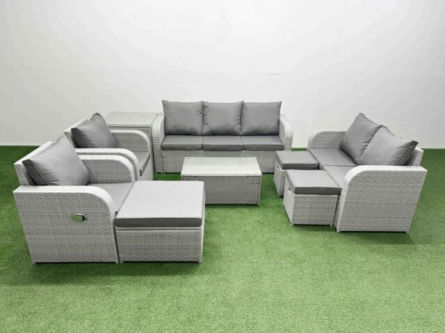 Fimous PE Rattan Garden Furniture Set Adjustable Chair Sofa Double Love Seat 2 Seater Sofa Lounge Set Oblong Coffee Table 3 Stools Side Table Light - image 1
