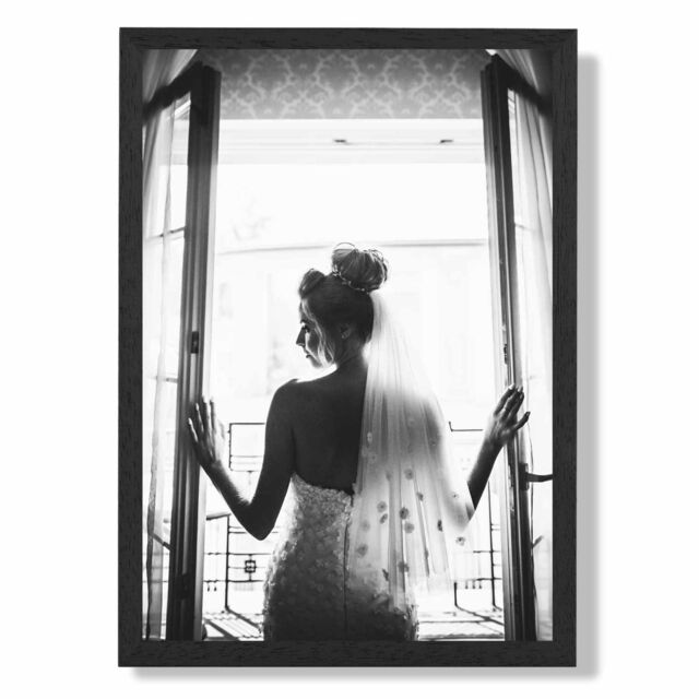 ARTZE Bride in Window Fashion Black & White Photo Framed Print SIZE: A4 with Black Frame - image 1