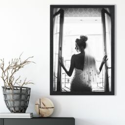 ARTZE Bride in Window Fashion Black & White Photo Framed Print SIZE: A4 with Black Frame - thumbnail 2
