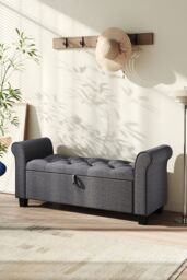 H&O Direct Modern Linen Storage Ottoman Bench in Dark Grey