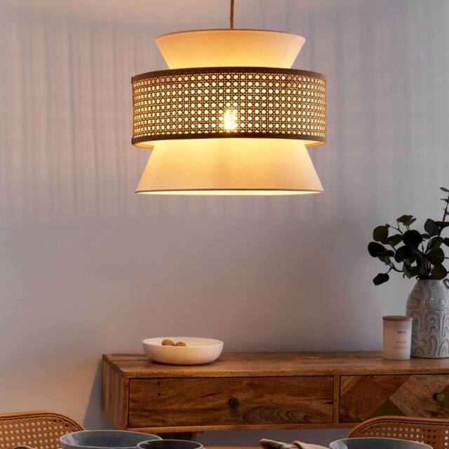 Wyld and Coco Rattan Pendant Lamp Beige Polyester Shade Boho in Natural - image 1