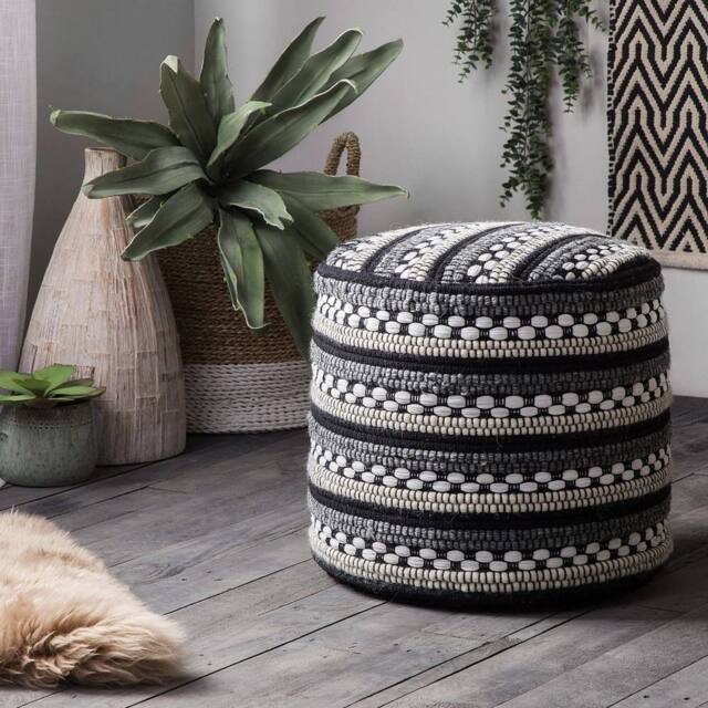 Wyld and Coco Handwoven Black-and-White Cotton-Wool Braided Macramé Pouffe in Black - image 1