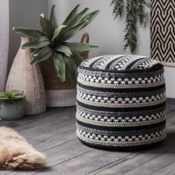 Wyld and Coco Handwoven Black-and-White Cotton-Wool Braided Macramé Pouffe in Black