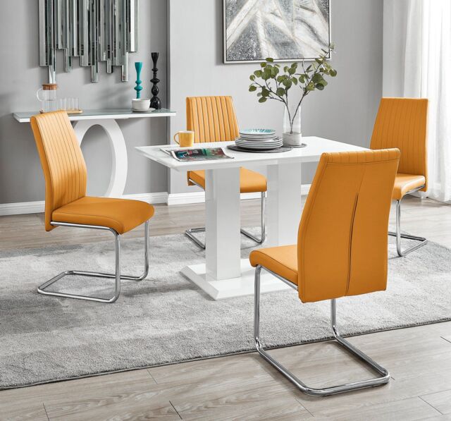 FurnitureboxUK Imperia 4 Seater Modern White High Gloss Rectangular Dining Table & 4 Lorenzo Faux Leather Chairs in Mustard - image 1