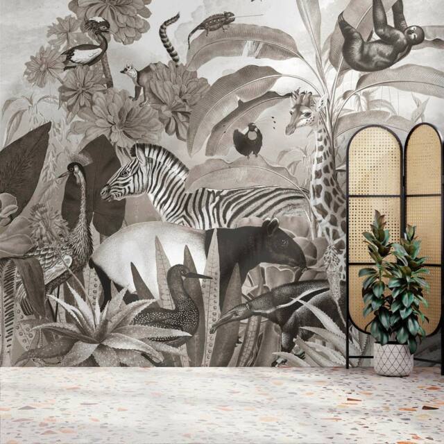 Superfresco Easy Jungle Animals Black & White Print To Order 3m x 2.8m Mural - image 1