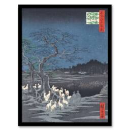 Artery8 Hiroshige Framed Wall Art New Years Eve Foxfires At The Changing Tree in Blue - Size: A4 - thumbnail 1