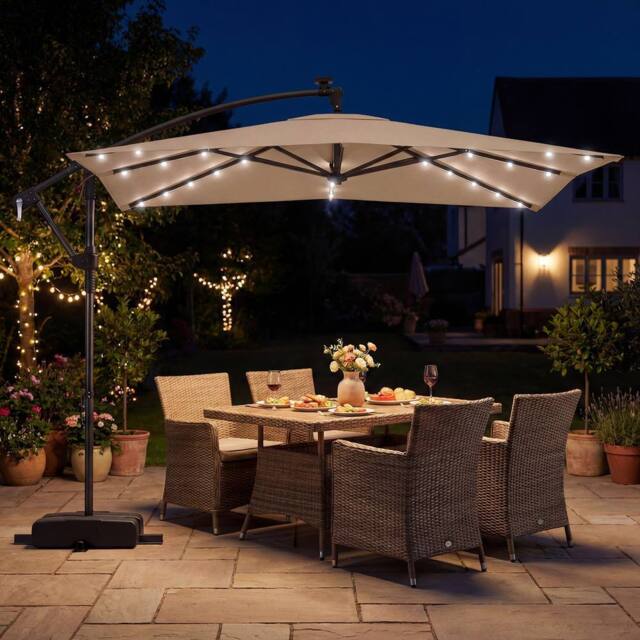 Costway Offset Cantilever Patio Umbrella Outdoor Market Umbrella w/ Solar LED in Light Brown