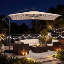 Costway Offset Cantilever Patio Umbrella Outdoor Market Umbrella w/ Solar LED in Light Brown - thumbnail 7
