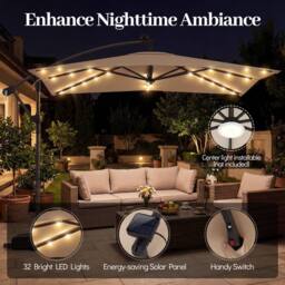 Costway Offset Cantilever Patio Umbrella Outdoor Market Umbrella w/ Solar LED in Light Brown - thumbnail 6