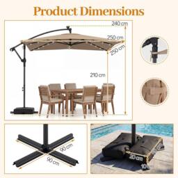 Costway Offset Cantilever Patio Umbrella Outdoor Market Umbrella w/ Solar LED in Light Brown - thumbnail 2