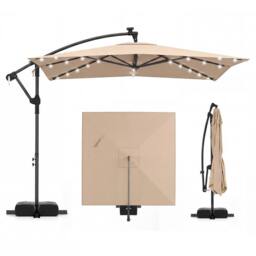 Costway Offset Cantilever Patio Umbrella Outdoor Market Umbrella w/ Solar LED in Light Brown - thumbnail 3