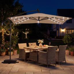 Costway Offset Cantilever Patio Umbrella Outdoor Market Umbrella w/ Solar LED in Light Brown - thumbnail 1