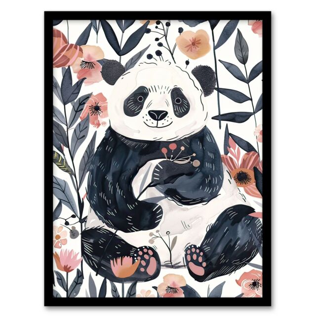 Artery8 Cute Panda Bear in Flower Garden Bright Simple Framed Wall Art in Pink - Size: A4 - image 1