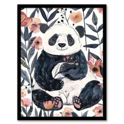 Artery8 Cute Panda Bear in Flower Garden Bright Simple Framed Wall Art in Pink - Size: A4 - thumbnail 1