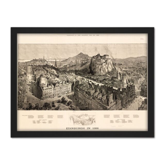 "Artery8 Wall Art Print Brewer 1886 Pictorial Map Edinburgh Bird's Eye Large Framed Wall Décor Art in Brown - Size: W18"" x H24""" - image 1
