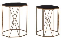 Orsina Trento Set of 2 Black Glass End Tables, Copper Finish Metal Frame Side Tables for Living Room in Gold - thumbnail 1
