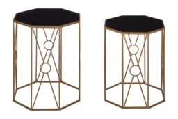 Orsina Trento Set of 2 Black Glass End Tables, Copper Finish Metal Frame Side Tables for Living Room in Gold - thumbnail 2