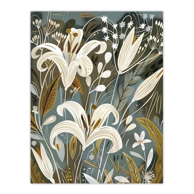 "Artery8 White Lilies Flower Blooms Floral Artwork Wall Art Print in Grey - Size: W12"" x H16""" - image 1