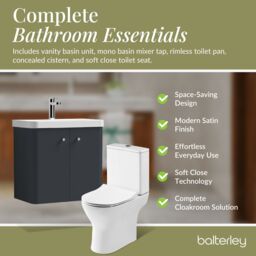 Balterley Wall Hung 2 Door Bathroom Vanity Unit, Tap & Toilet Pack, Grey, 579mm in Grey - thumbnail 4