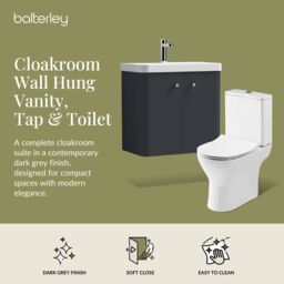 Balterley Wall Hung 2 Door Bathroom Vanity Unit, Tap & Toilet Pack, Grey, 579mm in Grey - thumbnail 2