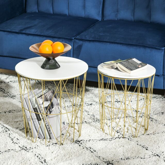 HOMCOM Set of 2 Nesting End Tables Side Tables with Steel Frame in White - image 1