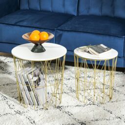 HOMCOM Set of 2 Nesting End Tables Side Tables with Steel Frame in White - thumbnail 1