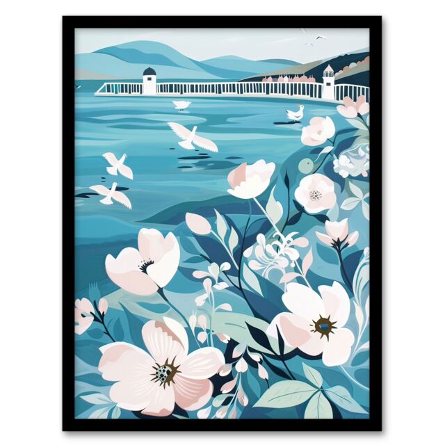 Artery8 Coastal Scottish Pier Seagulls Floral Painting Framed Art Print in Blue - Size: A4 - image 1