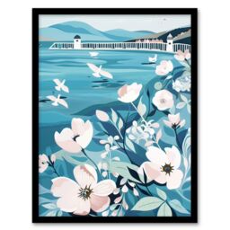 Artery8 Coastal Scottish Pier Seagulls Floral Painting Framed Art Print in Blue - Size: A4 - thumbnail 1