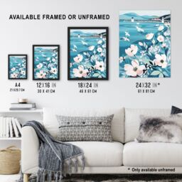 Artery8 Coastal Scottish Pier Seagulls Floral Painting Framed Art Print in Blue - Size: A4 - thumbnail 3
