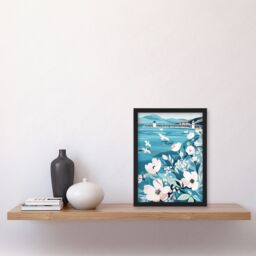 Artery8 Coastal Scottish Pier Seagulls Floral Painting Framed Art Print in Blue - Size: A4 - thumbnail 4
