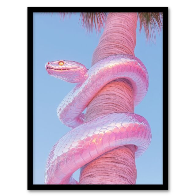 "Artery8 Shiny Chrome Pink Snake Wrapped On Palm Tree Bark Framed Art Print - Size: W12"" x H16""" - image 1