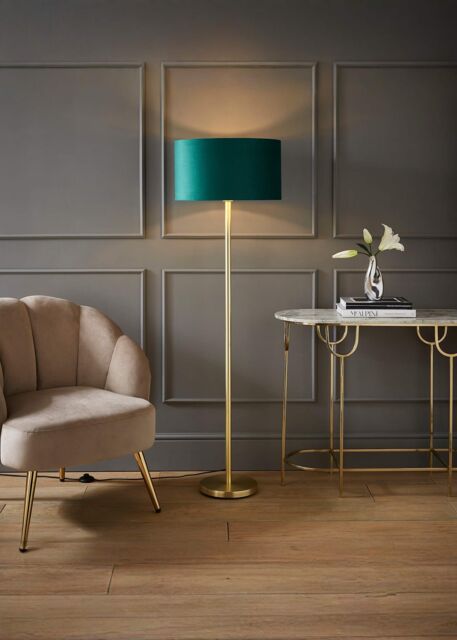 ValueLights Charlie Gold Stem Floor Lamp with Velvet Drum with Gold Inner Shade & LED Bulb in Bottle Green - image 1