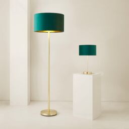 ValueLights Charlie Gold Stem Floor Lamp with Velvet Drum with Gold Inner Shade & LED Bulb in Bottle Green - thumbnail 6