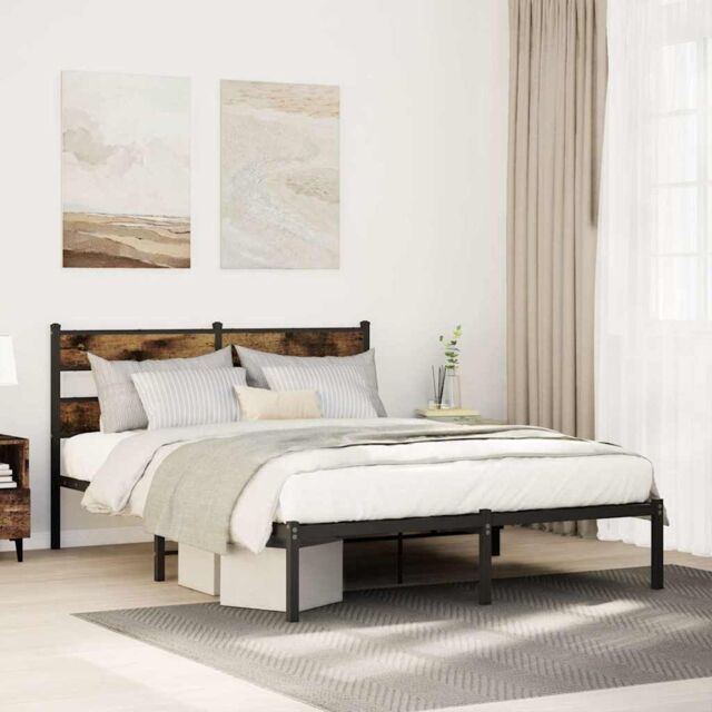 Berkfield Home Metal Bed Frame without Mattress Smoked Oak 140x190 cm in Brown - image 1